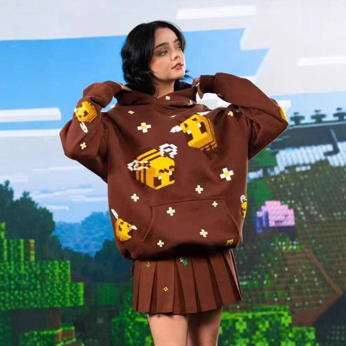 Unisex nan Kapuzenpullover mit eingestricktem Pixel-Bienenmotiv und aufgesetzter Kängurutasche Drune
