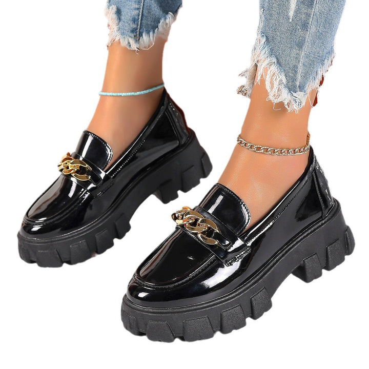 Damen nan trendige Lack-Loafer mit grober Profilsohle und goldener Kettenapplikation Drune