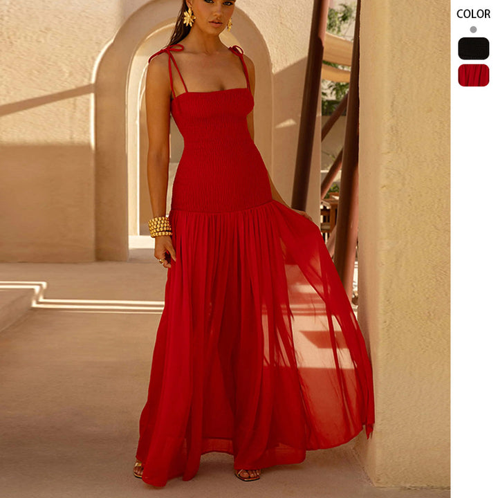 Damen Maxikleid mit einem eleganten, gerafften Oberteil und schwingendem Rock Drune