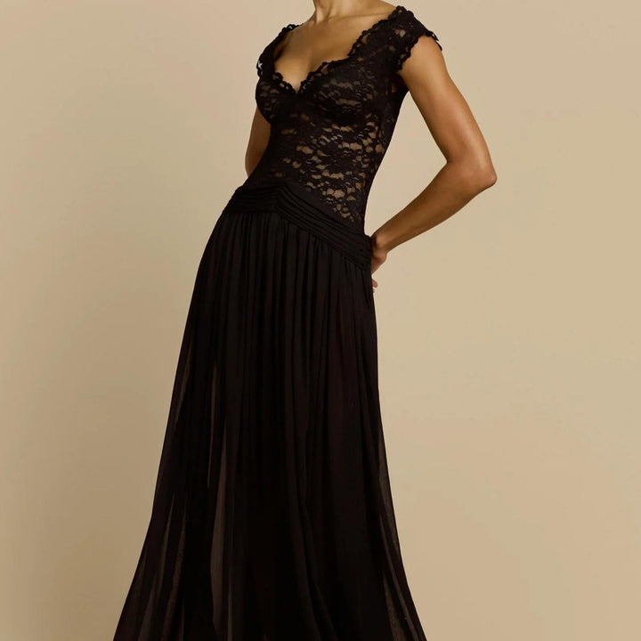 Damen Elegantes Spitzenmaxikleid mit fließendem Rock Drune