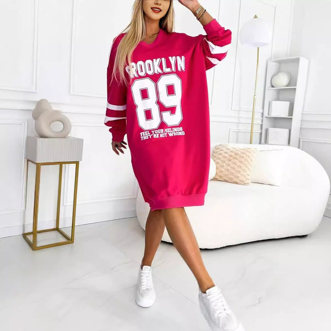 Damen Oversized Freizeitkleid im Sport-Look mit V-Ausschnitt Drune