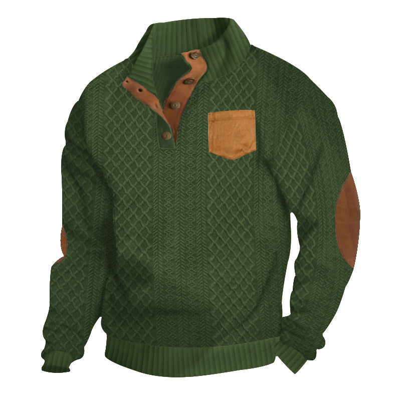 Herren nan texturierter Strickpullover mit Stehkragen, halber Knopfleiste und Lederpatches Drune