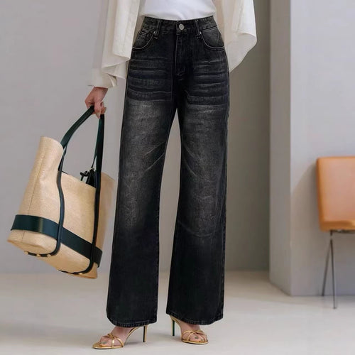 Damen weite High-Waist Jeans mit einzigartiger Textur Drune