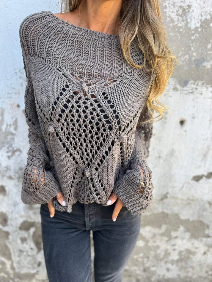 Damen luftiger Strickpullover mit einzigartigem Häkelmuster Drune
