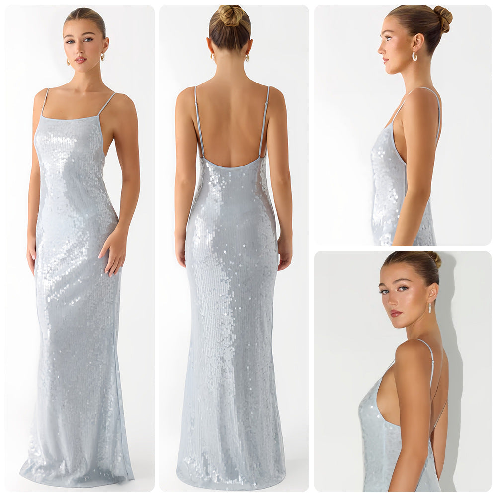 Damen Glamouröses Pailletten-Maxikleid mit schmalem Schnitt und feinen Spaghettiträgern Drune
