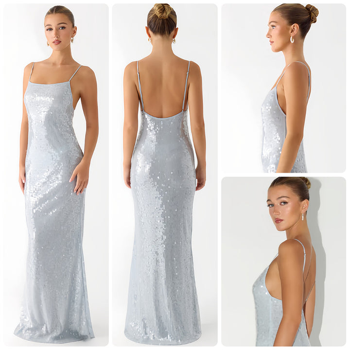 Damen Glamouröses Pailletten-Maxikleid mit schmalem Schnitt und feinen Spaghettiträgern Drune