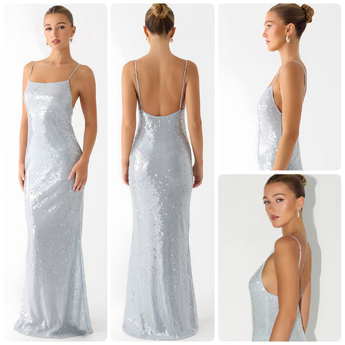 Damen Glamouröses Pailletten-Maxikleid mit schmalem Schnitt und feinen Spaghettiträgern Drune