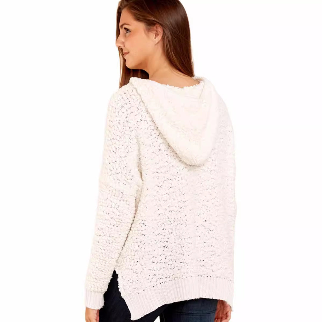 Damen lässiger Strickpullover mit Kapuze und luftiger Struktur Drune