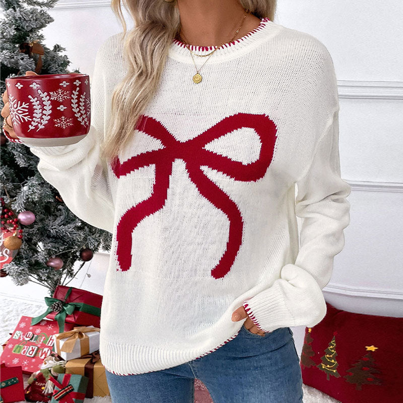 Damen Strickpullover mit festlichem Schleifenmotiv und lässigem Schnitt Drune