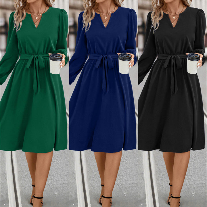 Damen Kleid mit V-Ausschnitt, Taillengürtel und eleganten langen Ärmeln Drune