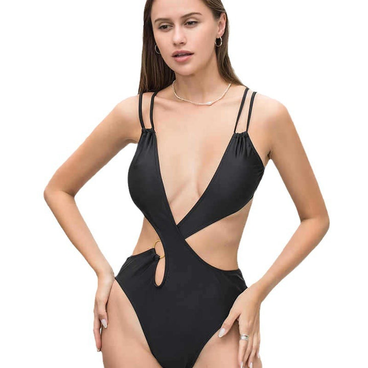Damen Modischer Einteiler Badeanzug mit tiefem V-Ausschnitt und Cut-Out-Design Drune