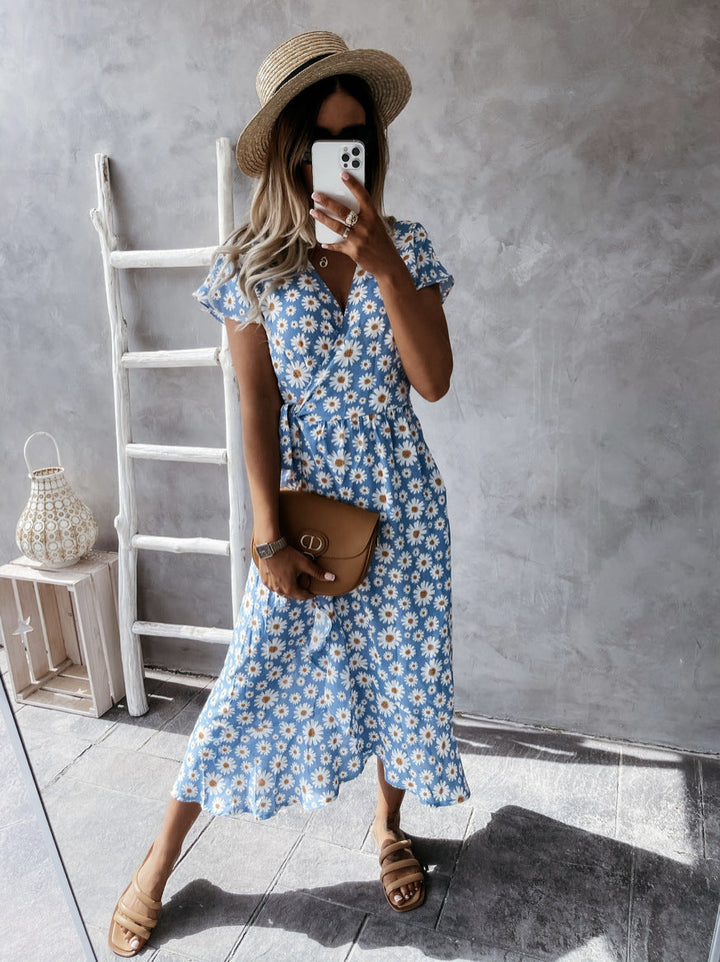 Damen florales Wickelkleid mit kurzem Ärmel und schwingendem Rock Drune