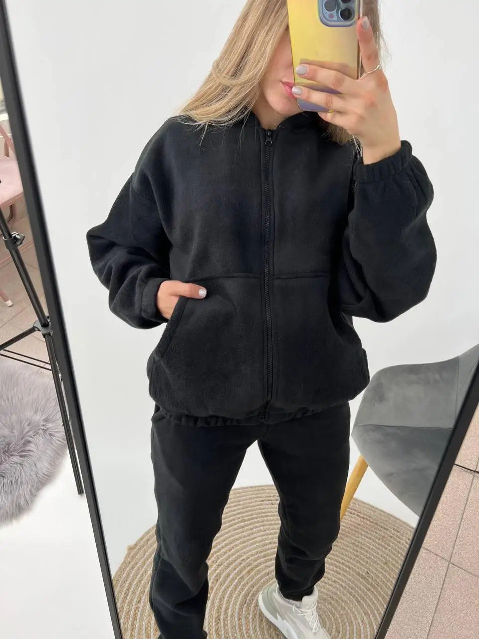 Damen Fleece-Loungewear-Anzug mit Reißverschluss und Kapuze Drune