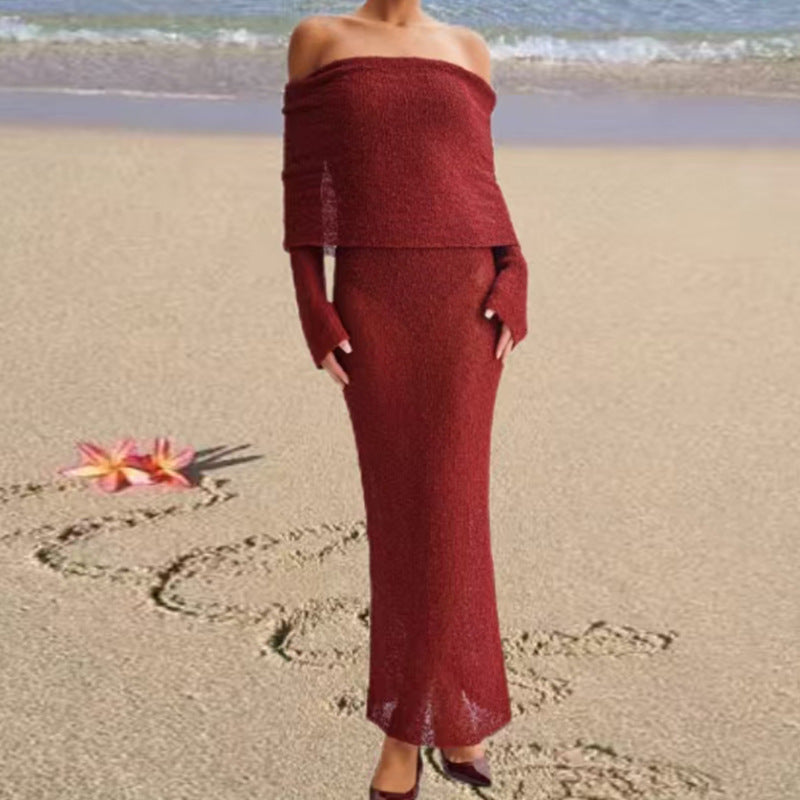 Damen Off-Shoulder Maxikleid mit langem Arm und elegantem Stoff Drune