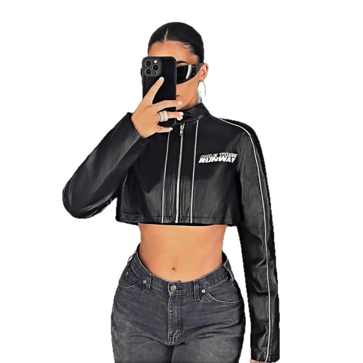 Damen cropped Kunstlederjacke mit sportlichen Zierelementen Drune