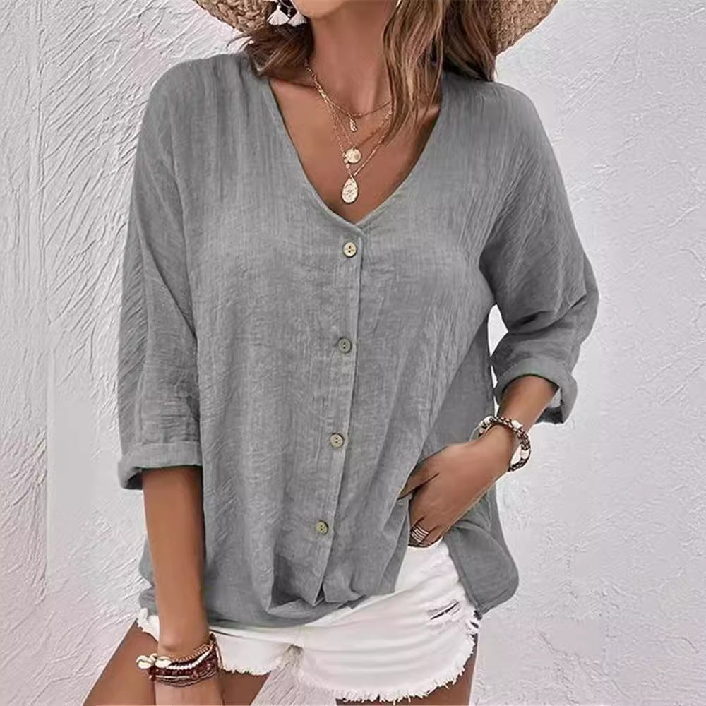 Damen lässige Bluse mit Knopfleiste und V-Ausschnitt Drune