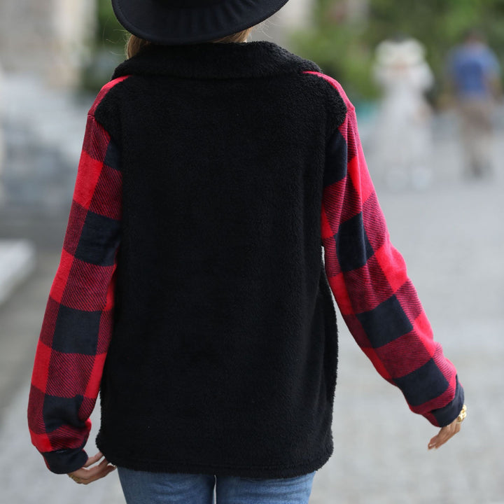 Damen Plüschiger Halbreißverschluss-Pullover im Karodesign Drune
