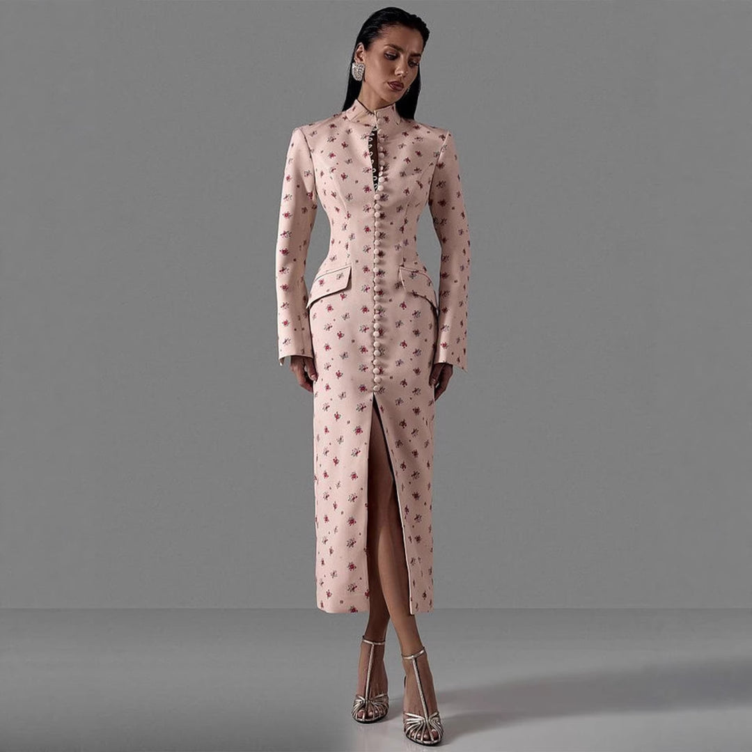 Damen Elegantes Langarmkleid mit floralem Muster und hochgeschlossenem Kragen Drune
