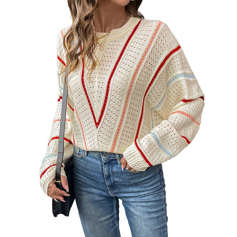 Damen Strickpullover mit modernem Lochmuster und dekorativen Streifen Drune