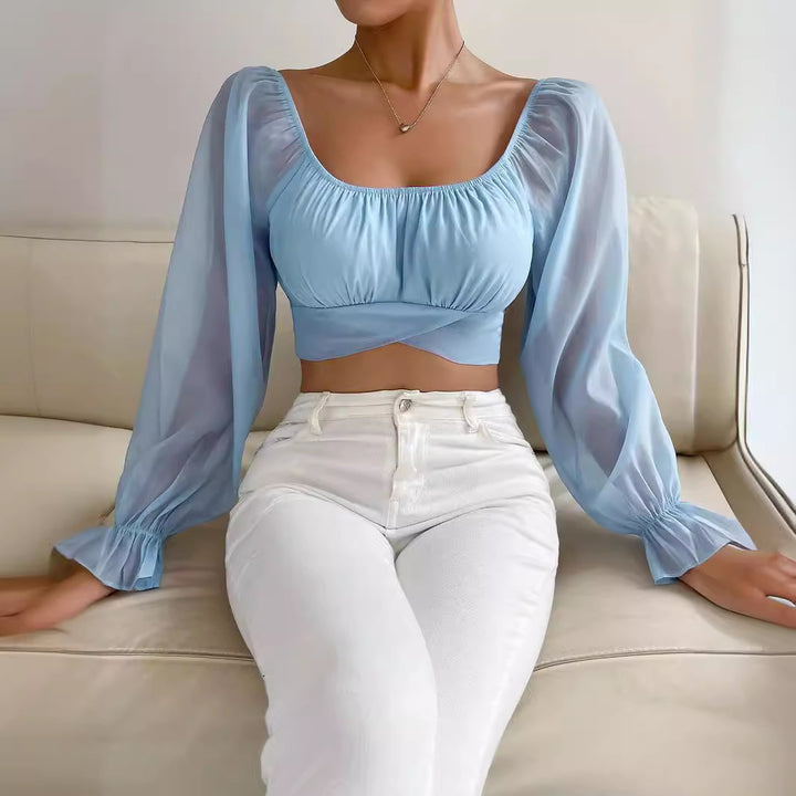 Damen Cropped Bluse mit Puffärmeln und raffiniertem Schnitt Drune