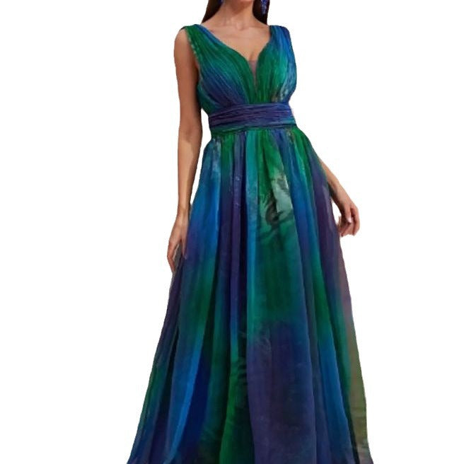 Damen elegantes Maxikleid mit fließendem Chiffon-Oberteil und V-Ausschnitt Drune