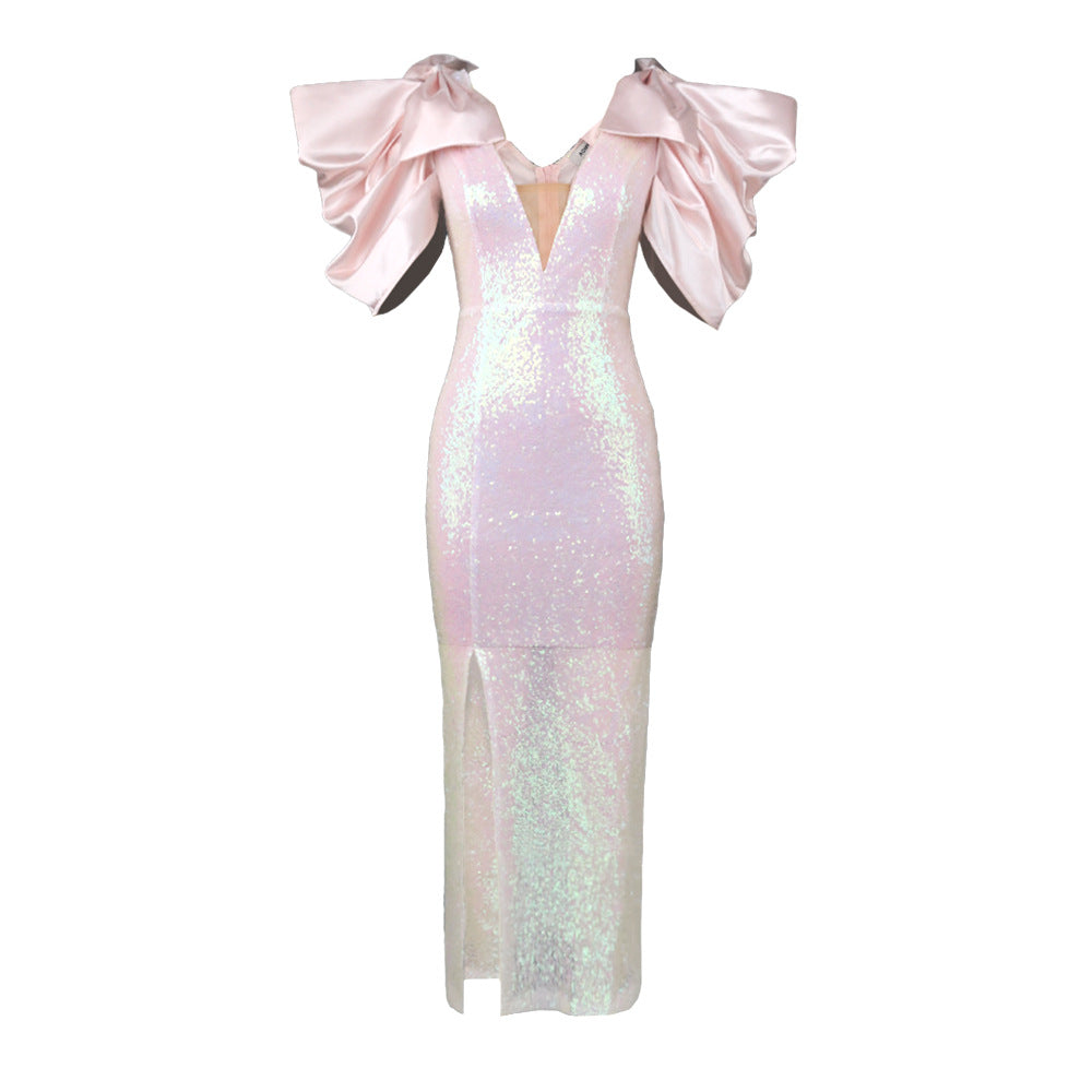 Damen Figurbetontes Glamour-Kleid mit schimmerndem Stoff und voluminösen Ärmeln Drune