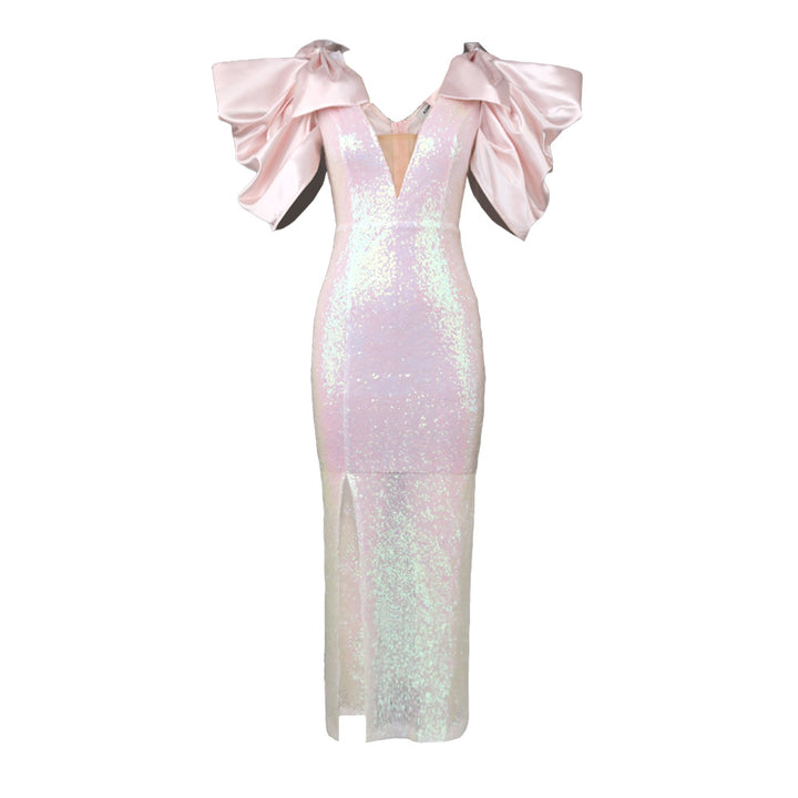 Damen Figurbetontes Glamour-Kleid mit schimmerndem Stoff und voluminösen Ärmeln Drune