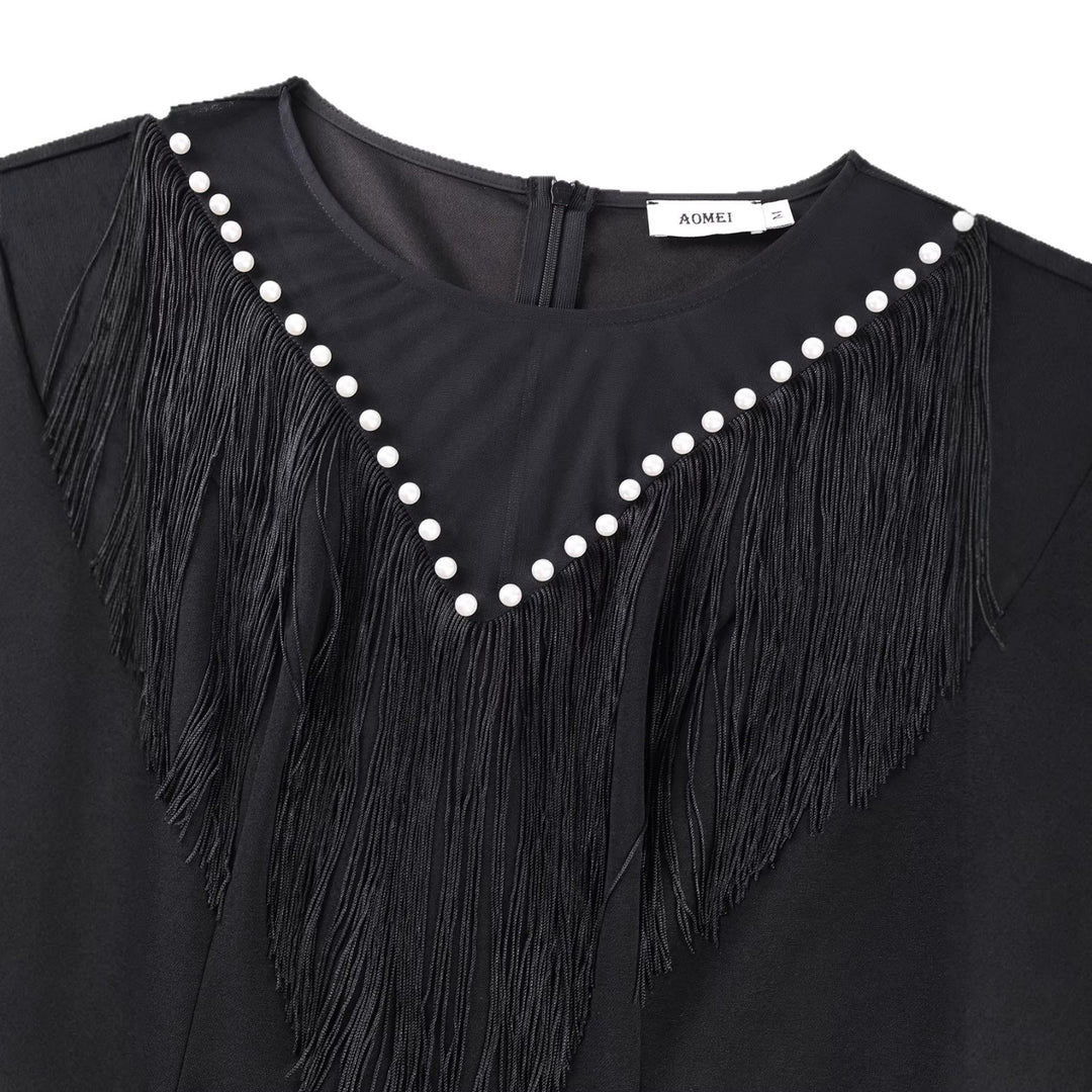 Damen Fransenkleid mit transparenten Ärmeln und Perlenakzenten Drune