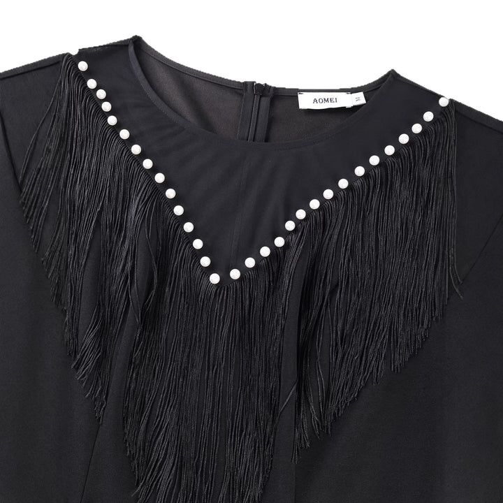 Damen Fransenkleid mit transparenten Ärmeln und Perlenakzenten Drune