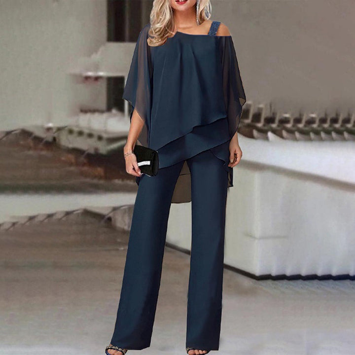 Damen elegantes zwei-teiliges Outfit mit asymmetrischem Oberteil und weiten Hosen Drune