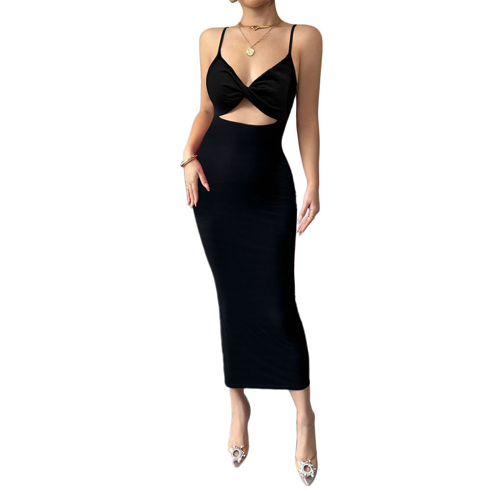 Damen figurbetontes Midi-Kleid mit elegantem Cut-Out und feinen Spaghettiträgern Drune
