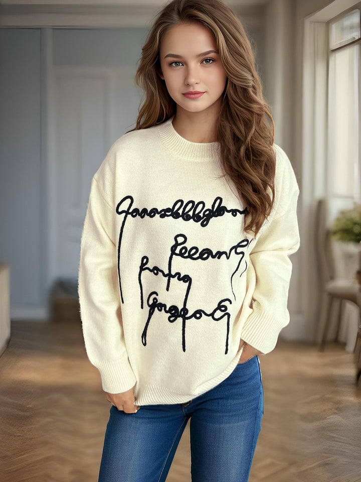 Damen gemütlicher Oversized-Pullover mit kunstvollem Schriftzug Drune