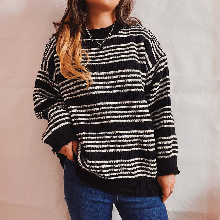 Damen lässiger Strickpullover mit breiten Streifen und überschnittenen Schultern Drune