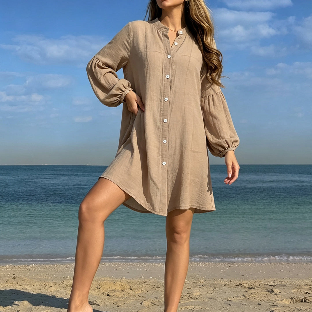 Damen lässiges Strandhemdkleid mit Knopfleiste und ballonförmigen Ärmeln Drune