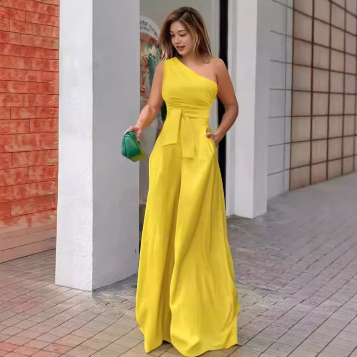 Damen Eleganter Ein-Schulter Jumpsuit mit Gürtel und weitem Bein Drune