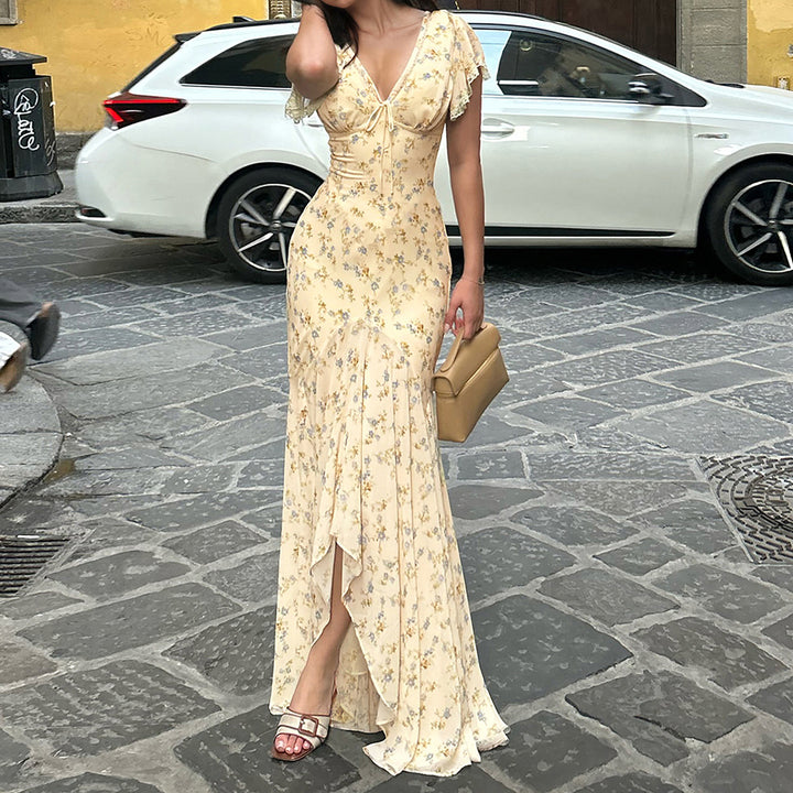 Damen Maxikleid mit romantischem Blumenmuster und verspieltem V-Ausschnitt Drune
