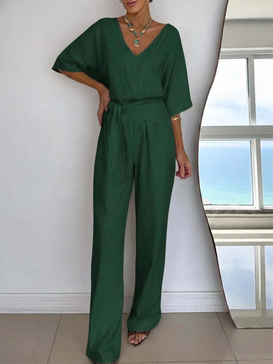 Damen Eleganter Jumpsuit mit tailliertem Schnitt und Wickelgürtel Drune