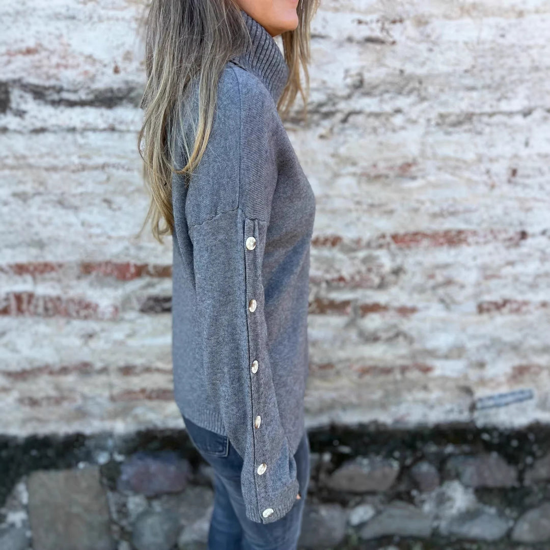Damen Pullover mit Rollkragen und dekorativen Knopfdetails Drune