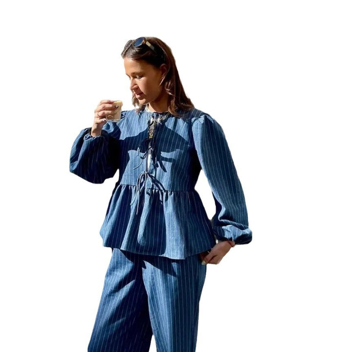 Damen modisches Denim-Oberteil mit taillierter Silhouette und Volant Drune