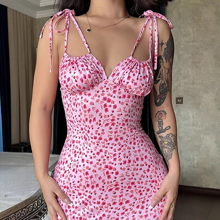 Damen Blumenmuster Maxikleid mit Figurbetontem Schnitt und Spaghetti-Trägern Drune