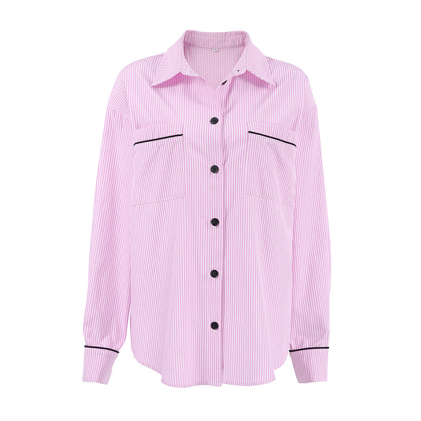 Damen Oversized Hemdjacke mit strukturiertem Design und gestreiften Muster Drune