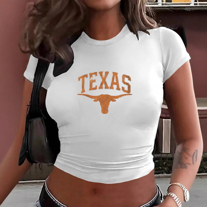 Damen Crop-T-Shirt mit kreativem Texas-Design und figurbetontem Schnitt Drune
