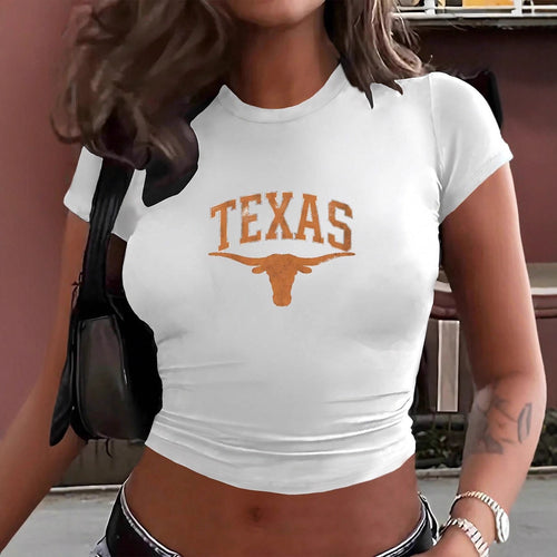 Damen Crop-T-Shirt mit kreativem Texas-Design und figurbetontem Schnitt Drune