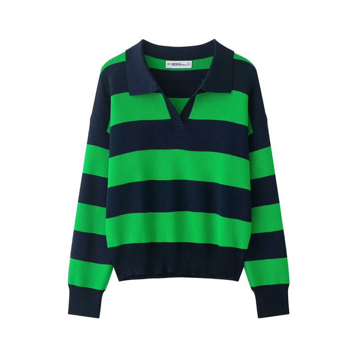 Damen nan gestreifter Rugby-Pullover mit Polokragen, V‑Ausschnitt und verlängerten Rippbündchen Drune