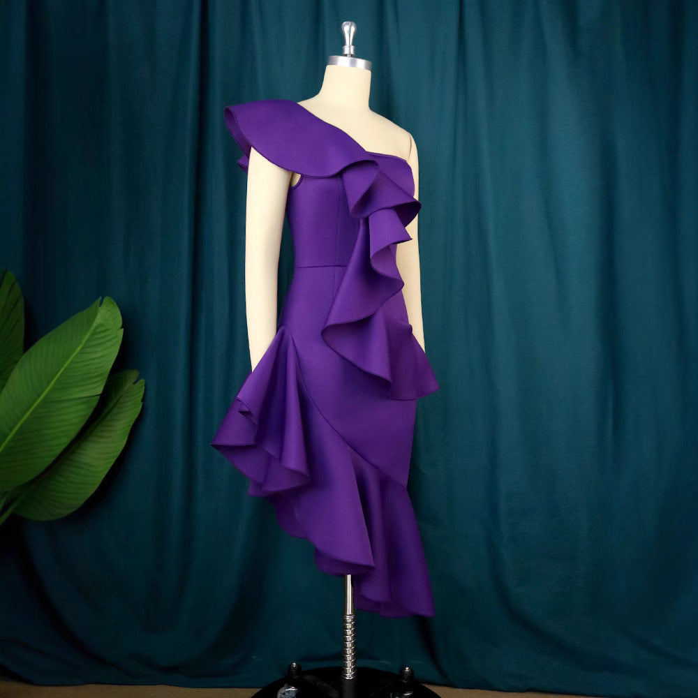 Damen Elegantes Maxi Kleid mit asymmetrischem Rüschendesign Drune