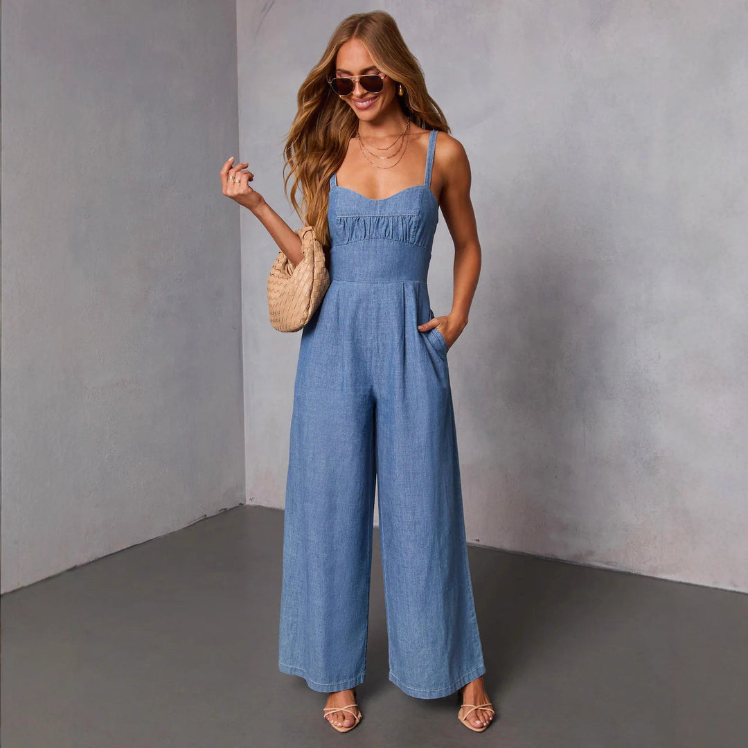 Damen Jeans-Jumpsuit mit weitem Bein und eleganten Trägern Drune