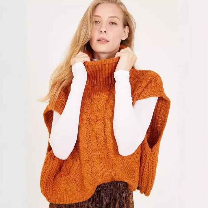Damen modischer Strickpullover mit hohem Kragen und Zopfmuster Drune