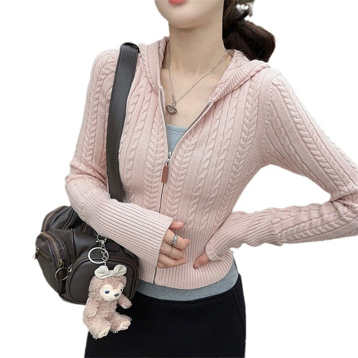 Damen Cropped Strickjacke mit Kapuze und Zopfmuster Drune