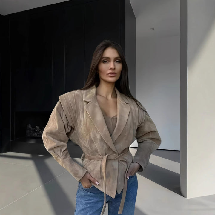Damen schicke Wollblazerjacke mit Taillengürtel Drune
