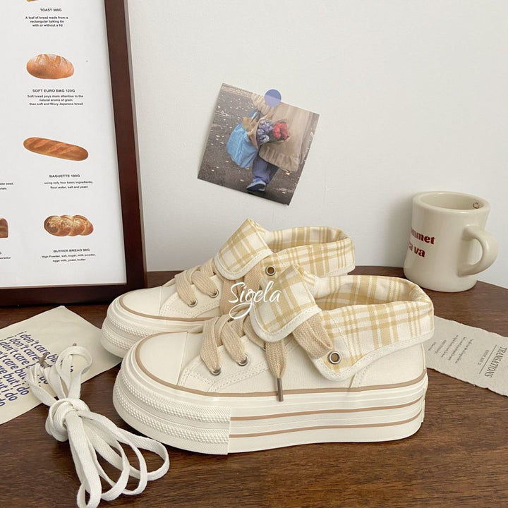 Damen Plateau-Sneaker mit verstellbarem Knöchelriemen und kariertem Innenfutter Drune